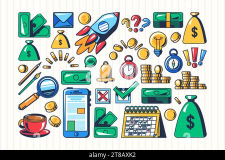 Set of stroked icons for finance concept, infographic. Planning and analysis of budget of financial operations. Business process organization Simple c Stock Vector