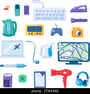 Collection of broken electronic home devices. Devices out of use and subject to disposal. Recycling of industrial products. Cartoon vector isolated on Stock Vector