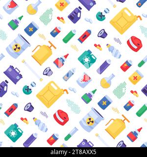 Dangerous substances separation seamless pattern with battery, acid, tablets, bulb, flammable, combustible. Ornate for printing on fabric, wrapping an Stock Vector