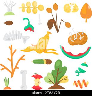 Collection of organic waste and food residues. food Waste out of use and for disposal. Recycling of food, vegetables, fruit. Cartoon vector isolated o Stock Vector