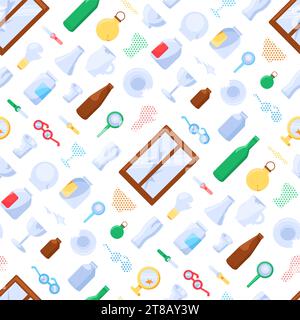 Broken unwanted Glass objects seamless pattern with kitchen utensils, window glass, jars, bottles, light bulbs, toys. Ornate for printing on fabric, w Stock Vector