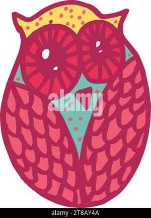 Red forest owl hand drawn in children style. Funny fairy bird. Doodle style art. Design element for kids products. Felt tip pen drawn vector isolated Stock Vector