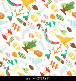 Unwanted food leftovers seamless pattern with compost, vegetables, fruit, fish, greens, peel. Ornate for printing on fabric, wrapping and packaging. V Stock Vector
