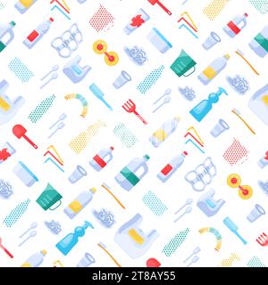 Plastic objects separation seamless pattern with bottle, canister, plate, fork, bag, polyethylene, packaging, tableware. Ornate for printing on fabric Stock Vector