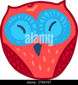 Cute red eagle owl hand drawn in children style. Funny fairy tale bird. Doodle style art. Design element for kids products. Marker drawn vector isolat Stock Vector