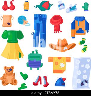 Collection of worn holey unwanted textile objects. Items out of use and subject to disposal. Recycling of textile industrial products. Cartoon vector Stock Vector