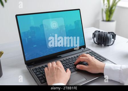 Laptop displaying a security login form, with username and password close-up. Cyber security concept Stock Photo
