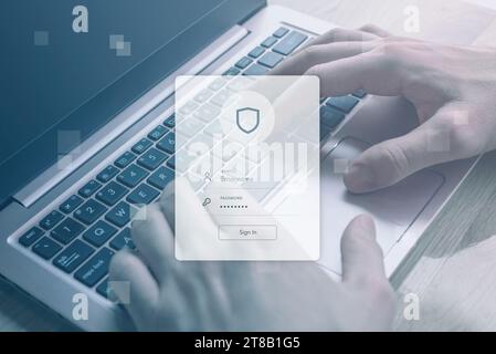 Autentication login form concept with hands on a laptop. Seamless security integration for a clean and functional tech visual Stock Photo
