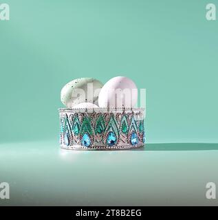 Easter Treasure Trove: A Jeweled, Radiant Container with Pastel Colored Easter Eggs on a Green Background Stock Photo