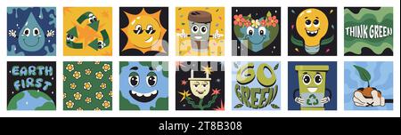 Square posters with funny cute characters of save the planet in trendy groovy style. Eco friendly stickers collection. World environment, ecology care, go green energy, zero waste or recycling concept Stock Vector