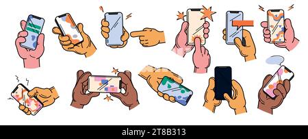 Vector doodle set of human hand with phone isolated on white background. Person holding smartphone. Diverse people hands using mobile devices. Gadget users touching or scrolling. Online communication. Stock Vector