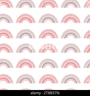 Scandinavian rainbows in boho style seamless pattern. Doodle cartoon illustration pink and purple. Stock Vector