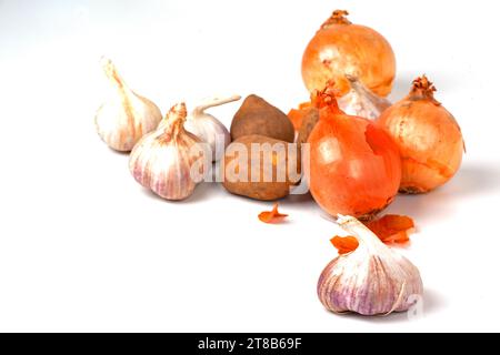 red onion and garlic isolated on white Stock Photo