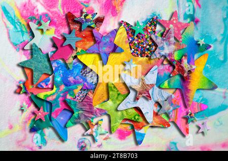 Festive illustration of stars of different colors, textures and sizes ideal for Christmas backgrounds and other design work Stock Photo