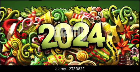2024 doodles horizontal illustration. New Year objects and elements poster Stock Vector