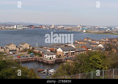 Cardiff Bay view showing Penarth Marina, Wales UK. Cityscape landscape, artificial lake body of water Stock Photo