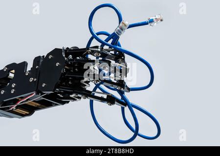 Real robot's hand holding blue Ethernet cable with rj45 connector on grey background Stock Photo