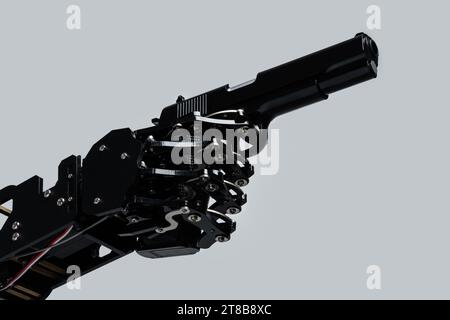 Real robot's hand with handgun. Concept of AI takeover and technological singularity Stock Photo