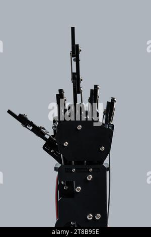 Real robotic hand giving the middle-finger against grey background. Concepts of AI takover and Technological singularity Stock Photo