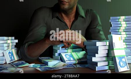 Man sitting in front of table full of stacks of Nigerian naira notes over dark background. 3d rendering Stock Photo