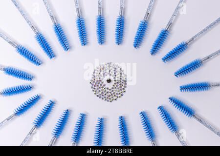 the eye is lined with blue brushes for eyelashes.Materials for eyelash Stock Photo