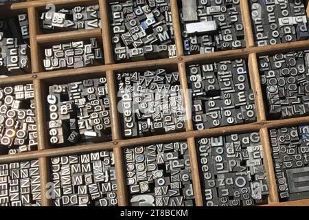 Metal type sorts in a typographical drawer Stock Photo