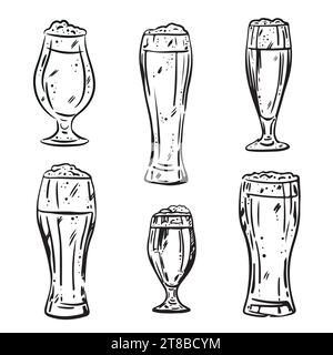 Set of beer glasses and mugs doodle. Brewery in sketch style. Hand drawn vector illustration isolated on white background. For menu design, logo or we Stock Vector