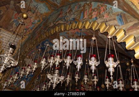 Church of the Holy Sepulchre, aka the Church of the Resurrection, interior with Chapel of Calvary or Golgotha Chapel. Twelfth Station: Chapel of the C Stock Photo