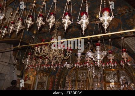 Church of the Holy Sepulchre, aka the Church of the Resurrection, interior with Chapel of Calvary or Golgotha Chapel. Twelfth Station: Chapel of the C Stock Photo