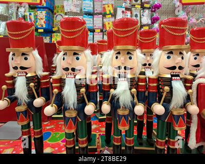 Christmas decorations put on the shelf in the toy store nutcracker Stock Photo