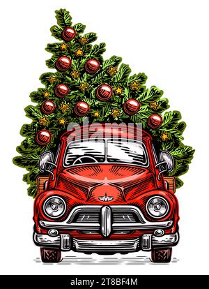 Red retro car with a Christmas tree. Vector illustration Stock Vector