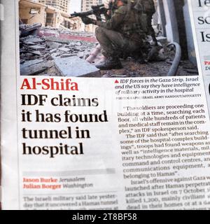 'Al-Shifa IDF claims it has found tunnel in hospital'  Guardian newspaper headline Gaza hospital Israel Hamas war tunnels article 16 November 2023 UK Stock Photo