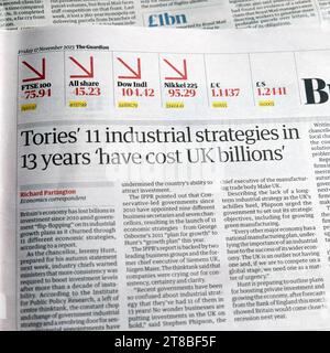 'Tories 11 industrial strategies in 13 years 'have cost UK billions' Guardian newspaper headline autumn statement article 17 November 2023 London  UK Stock Photo