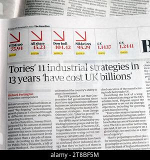 'Tories 11 industrial strategies in 13 years 'have cost UK billions' Guardian newspaper headline 17 November 2023 London England UK Stock Photo