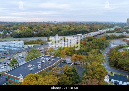 This aerial view American freeway I-95 NJ Turnpike with heavy traffic moving quickly from left to right Stock Photo