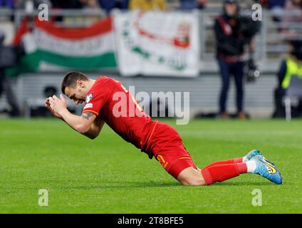 Budapest, Hungary. 19th November, 2023. Milutin Osmajic of Montenegro reacts dejected during the UEFA EURO 2024 qualifying round match between Hungary and Montenegro at Puskas Arena on November 19, 2023 in Budapest, Hungary. Credit: Laszlo Szirtesi/Alamy Live News Stock Photo