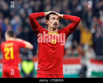 Budapest, Hungary. 19th November, 2023. Stefan Savic of Montenegro reacts dejected during the UEFA EURO 2024 qualifying round match between Hungary and Montenegro at Puskas Arena on November 19, 2023 in Budapest, Hungary. Credit: Laszlo Szirtesi/Alamy Live News Stock Photo