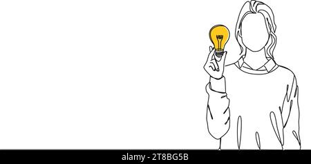 continuous single line drawing of young woman holding glowing light bulb in raised hand, line art vector illustration Stock Vector