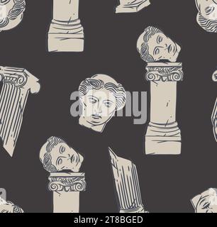 Hand drawn vector abstract graphic, greek ancient sculpture statues and column line art modern seamless pattern.Antique vintage classic sculpture in Stock Vector