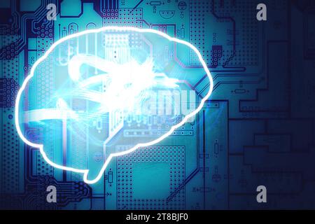 Shape of brain with light effects and printed circuit board symbolizing Artificial neural network Stock Photo