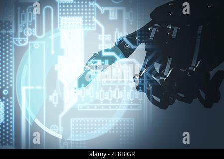 Real robot's hand and overlay of printed circuit board. Concepts of Artificial neural networks and machine learning Stock Photo