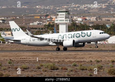 A Marabu Airlines Airbus 320 NEO taking off from Tenerife Sur-Reina Sofía airport. Marabu is an estonian leasure airline partner of Condor and based in Munich and Hamburg. Stock Photo