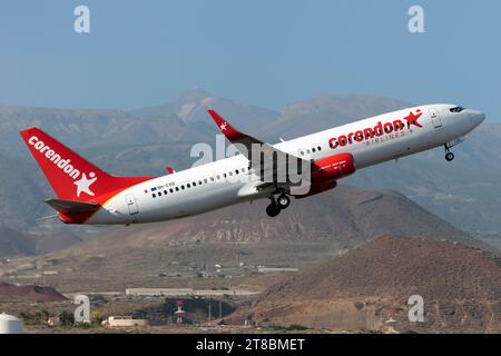 Spain. 16th Nov, 2023. A Corendon Airlines Boeing 737-800 taking off from Tenerife Sur-Reina Sofía. Corendon Airlines Europe is based in Malta and with Corendon Airlines and Corendon Dutch Airlines belongs to Touristic Aviation Services. (Photo by Fabrizio Gandolfo/SOPA Images/Sipa USA) Credit: Sipa USA/Alamy Live News Stock Photo