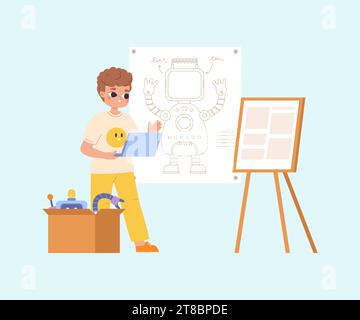 Boy programming and development robot. Robotics project in school or work shop. Student show his sketch of android. Projecting vector scene Stock Vector