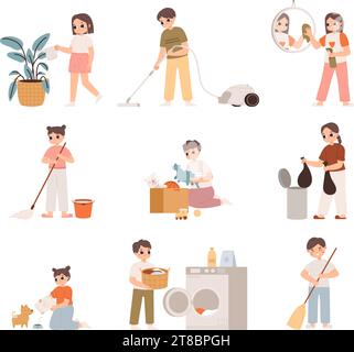 Kids cleaning at home, vacuuming and washing. Little girl cares dog, boy collect toys in box and sweep with broom. Snugly cartoon vector characters Stock Vector