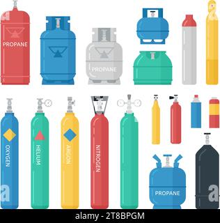 Isolated gas cylinder set. Industrial cylinders, metal tanks and canisters. Propane, oxygen and petroleum storage, decent bottles vector icons Stock Vector