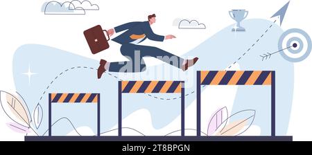 Running with obstacles to goal. Businessman jump over hurdles, run to success. Office worker overcoming barriers, problems difficulties. Kicky Stock Vector