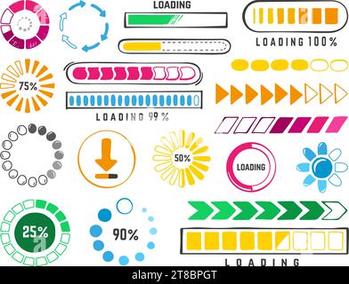 Doodle loading bars, update and internet load bar. Isolated status of progress, download and speed hand drawn elements. Neoteric vector graphic set Stock Vector