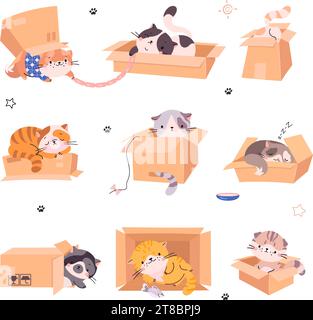 Cute cats in boxes. Funny kitten in various poses sleeping, playing and sitting on and under cardboard box. Home cat nowaday vector characters Stock Vector