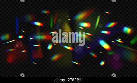 Iridescent overlay background. Bright rainbow flares reflection banner. Abstract diamond lights, sunny rays sparkles burst. Pithy vector glow graphic Stock Vector